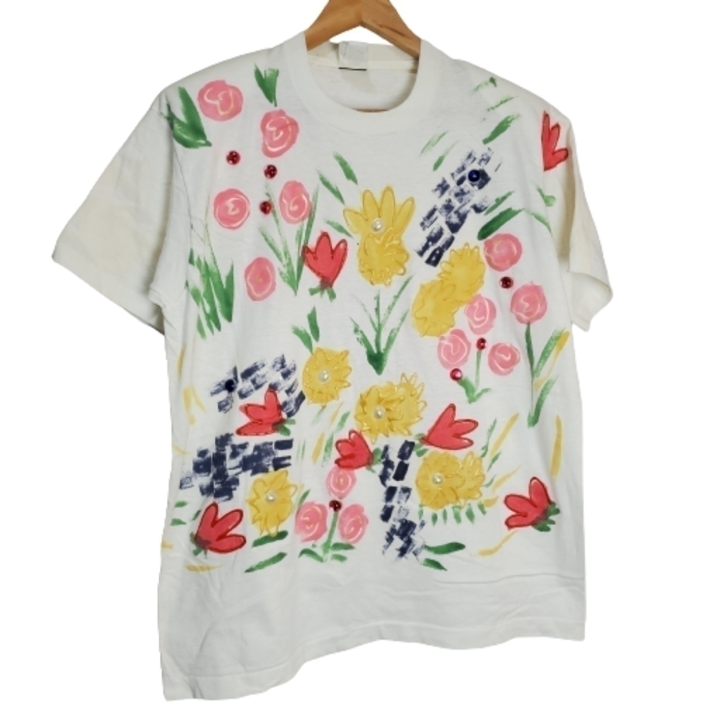 80s Vintage India Ink White Hand Painted 3D Floral Short Sleeve Blouse Size XL